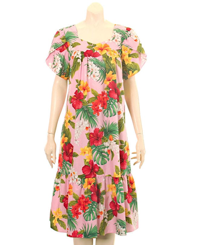 Floral Mix Tulip Sleeve Zipper Back Short Muu Muu (Pink)