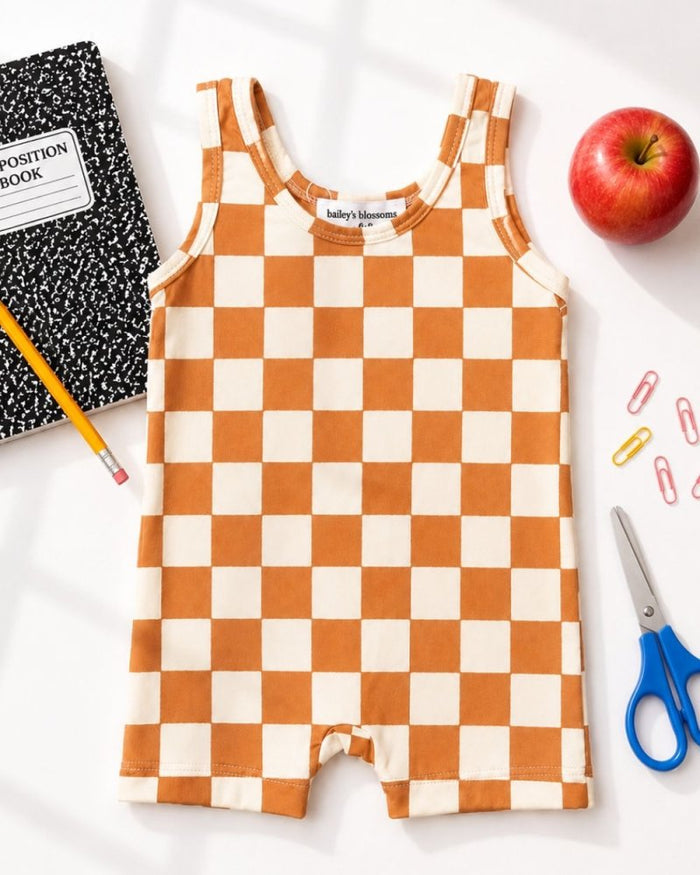 Gigi Bikeshort Romper - Orange Sunrise Check product_type - Bailey's Blossoms