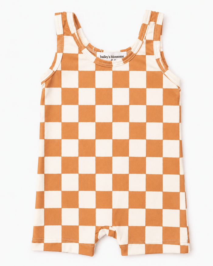 Gigi Bikeshort Romper - Orange Sunrise Check product_type - Bailey's Blossoms