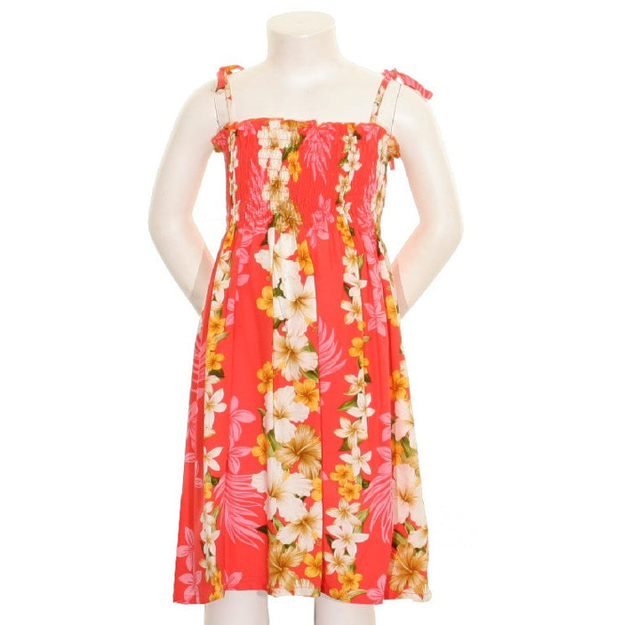 Girls Hawaiian Floral Panel Smock Dress - Coral