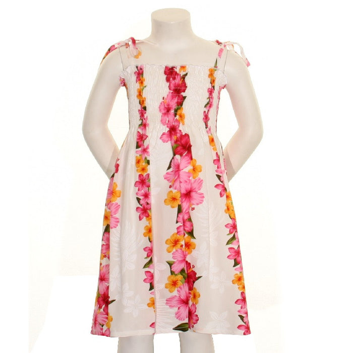 Girls Hawaiian Floral Panel Smock Dress - White