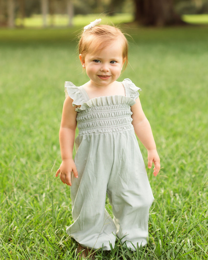 Goldie Smocked Jumpsuit - Sage Pinstripe