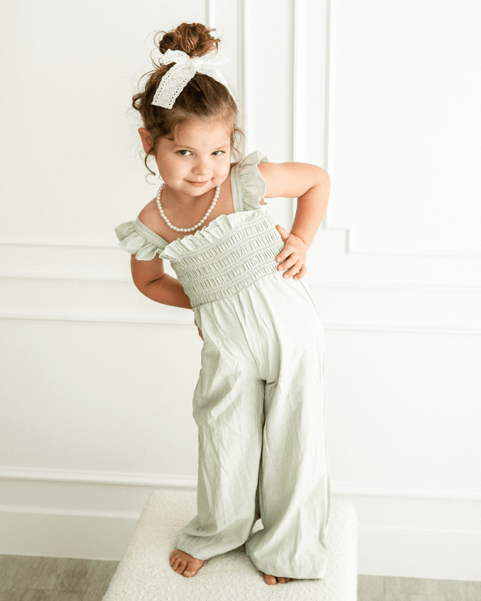 Goldie Smocked Jumpsuit - Sage Pinstripe product_type - Bailey's Blossoms