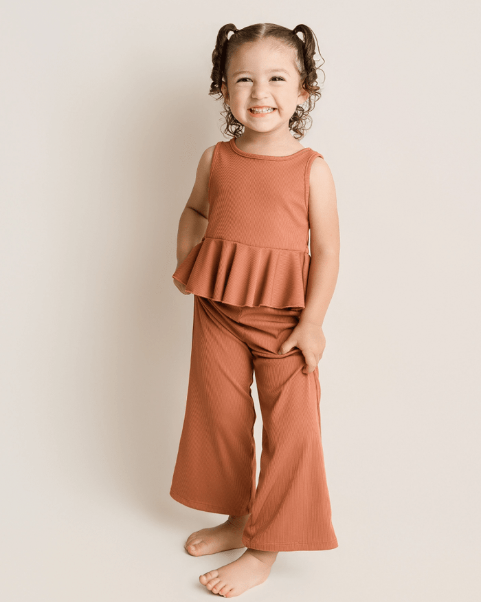 Hattie Peplum Top Two-Piece Wide Leg Set - Copper Ember product_type - Bailey's Blossoms