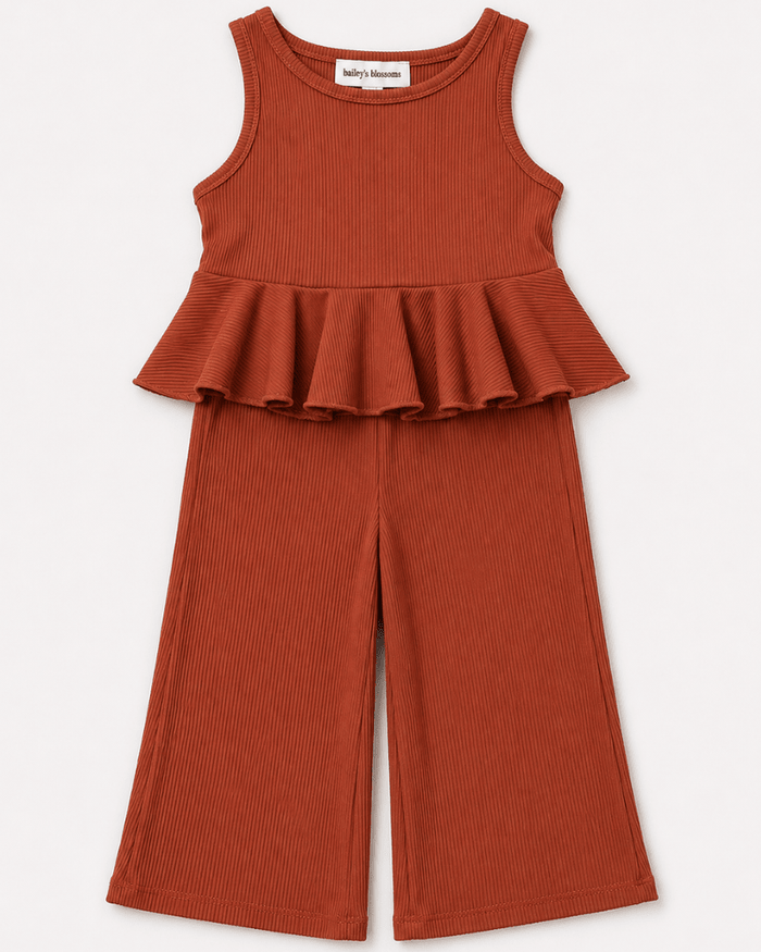 Hattie Peplum Top Two-Piece Wide Leg Set - Copper Ember product_type - Bailey's Blossoms