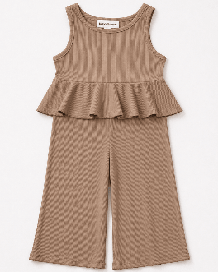 Hattie Peplum Top Two-Piece Wide Leg Set - Oatmilk product_type - Bailey's Blossoms