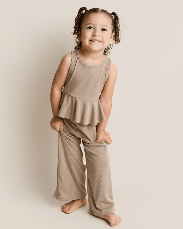 Hattie Peplum Top Two-Piece Wide Leg Set - Oatmilk product_type - Bailey's Blossoms