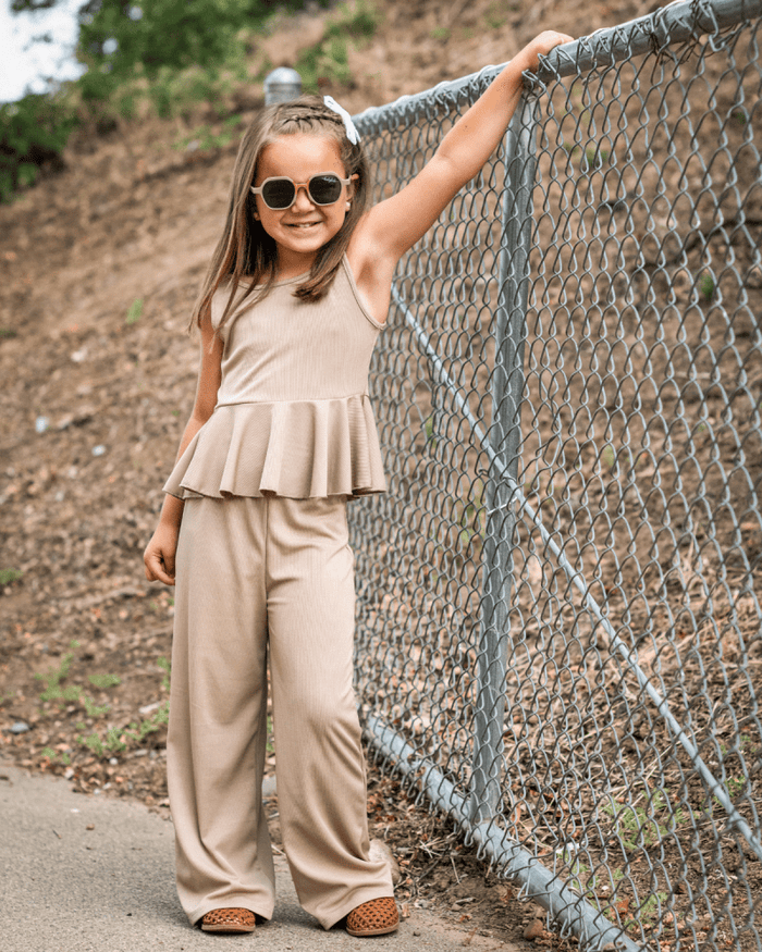 Hattie Peplum Top Two-Piece Wide Leg Set - Oatmilk product_type - Bailey's Blossoms