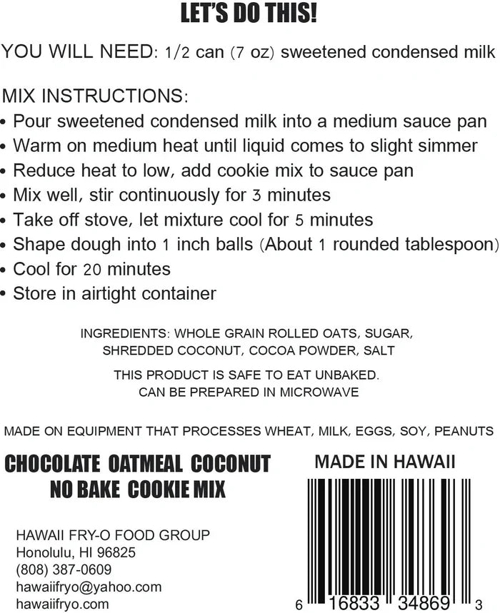 Hawaii Sugar Daddy Chocolate Oatmeal Coconut no Bake Cookie Mix