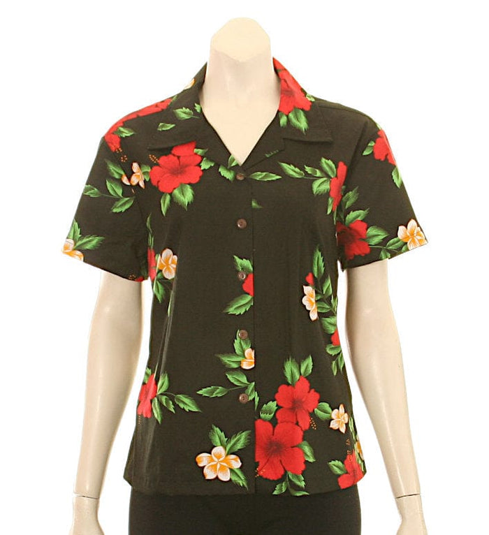 Hibiscus Plumeria Black Camp Blouse