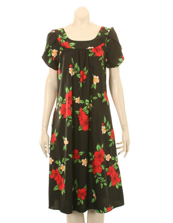 Hibiscus Plumeria Black Tulip Sleeve Dress
