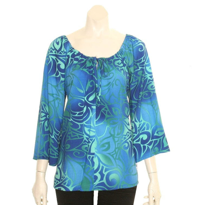 Hilo Hattie Tribal Tiare  Rayon Peasant Top 3/4 Sleeve