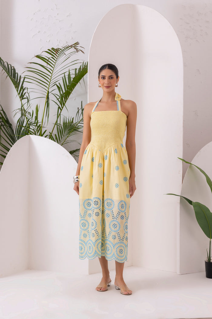 Lemon Blue Embroidered Halter Tunic Dress