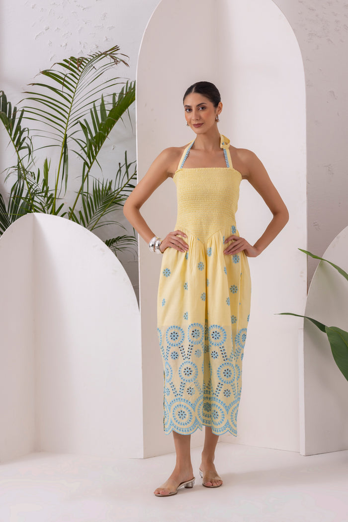 Lemon Blue Embroidered Halter Tunic Dress
