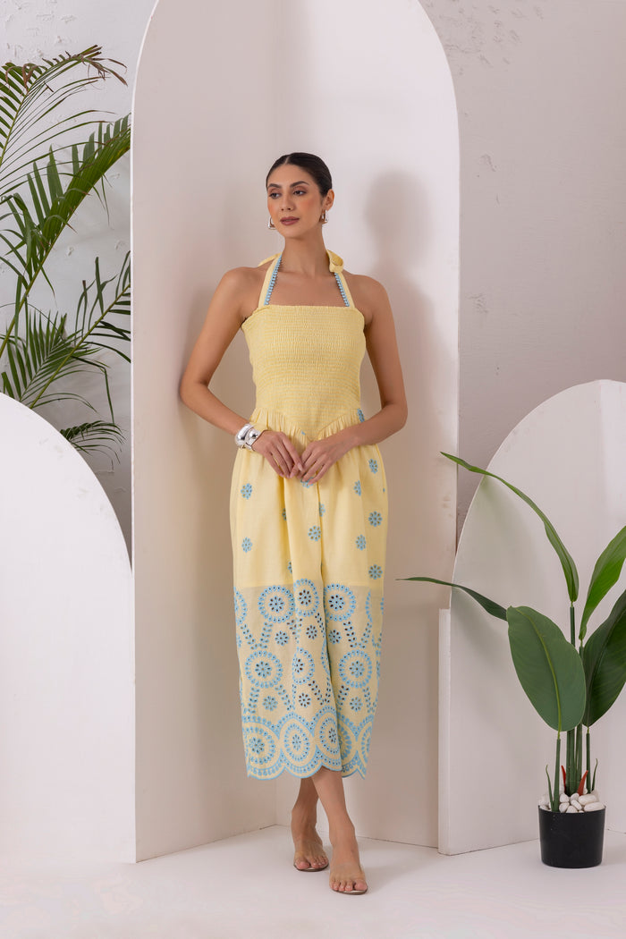 Lemon Blue Embroidered Halter Tunic Dress