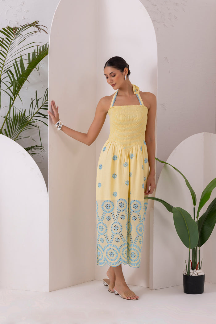 Lemon Blue Embroidered Halter Tunic Dress