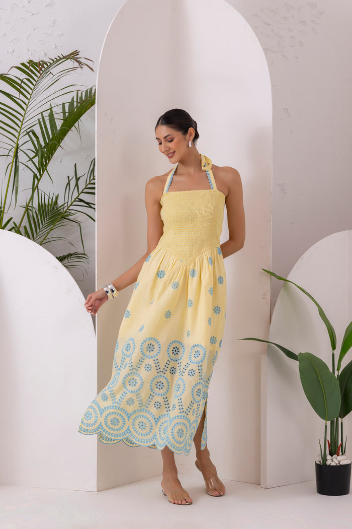 Lemon Blue Embroidered Halter Tunic Dress