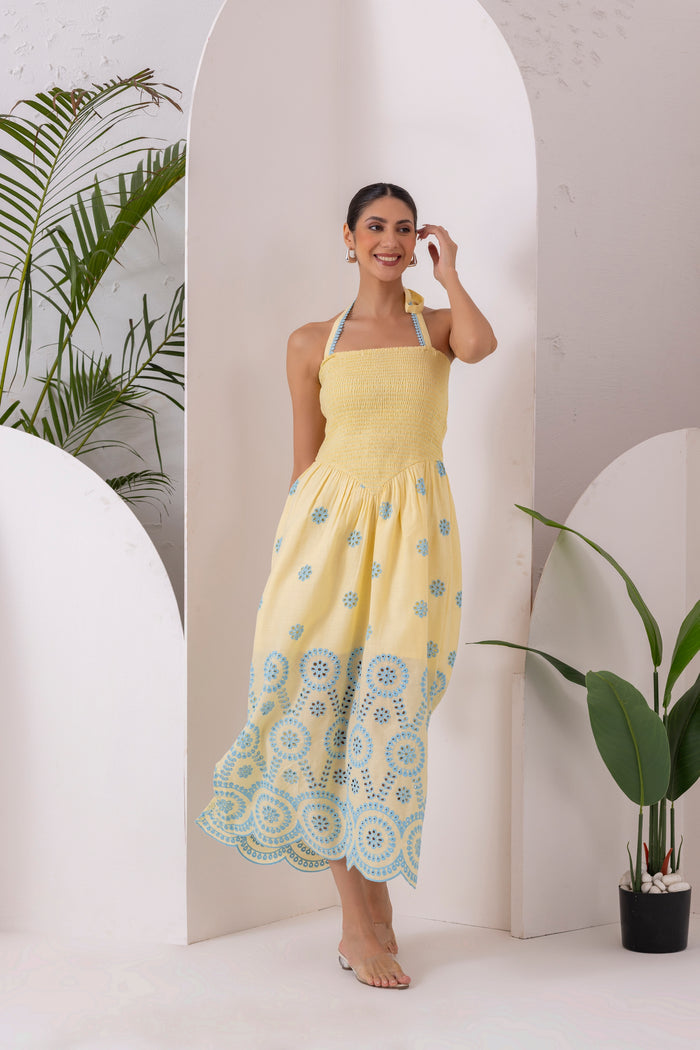 Lemon Blue Embroidered Halter Tunic Dress