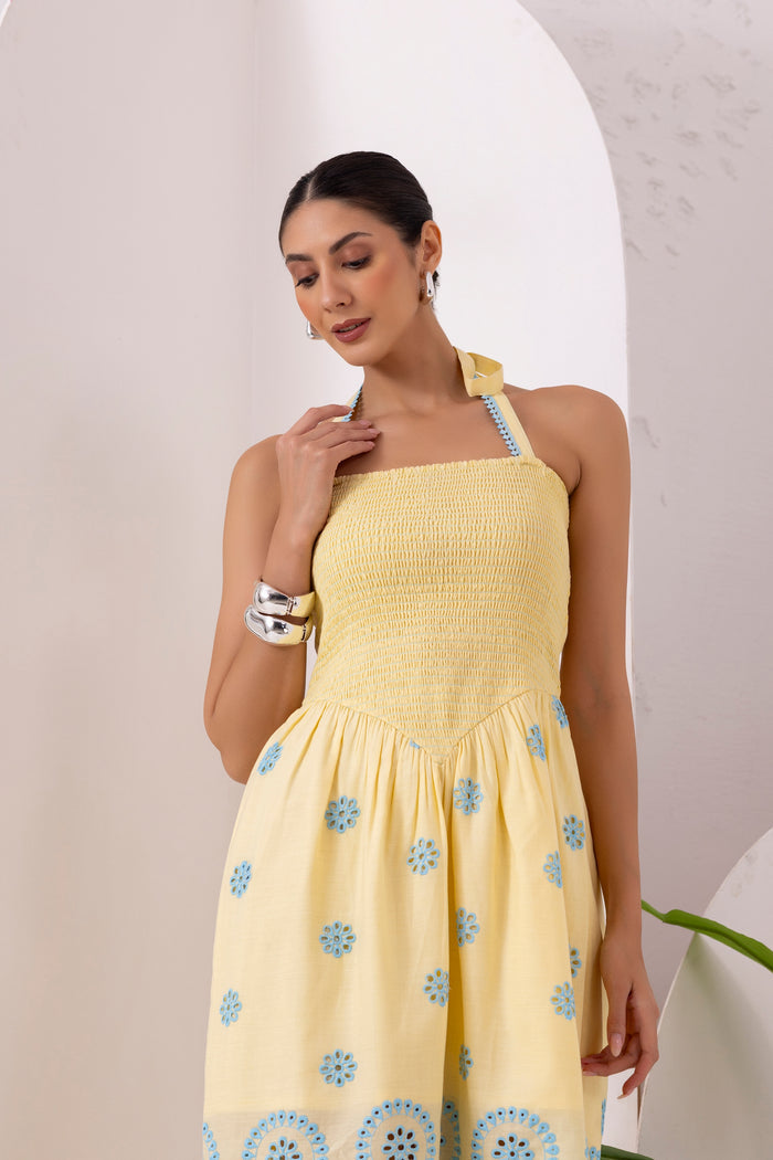 Lemon Blue Embroidered Halter Tunic Dress