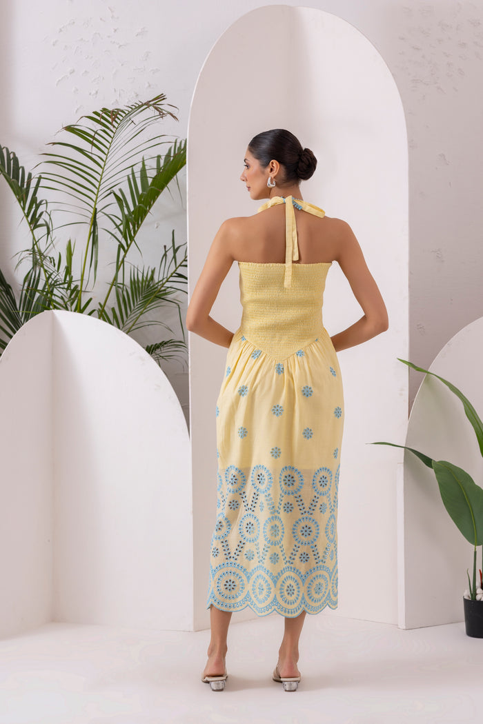 Lemon Blue Embroidered Halter Tunic Dress