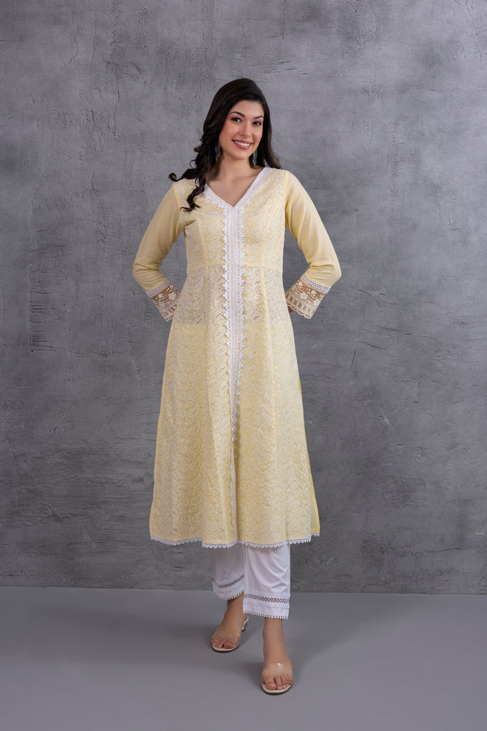 Lemon Lucknowi Chikankari Kurta