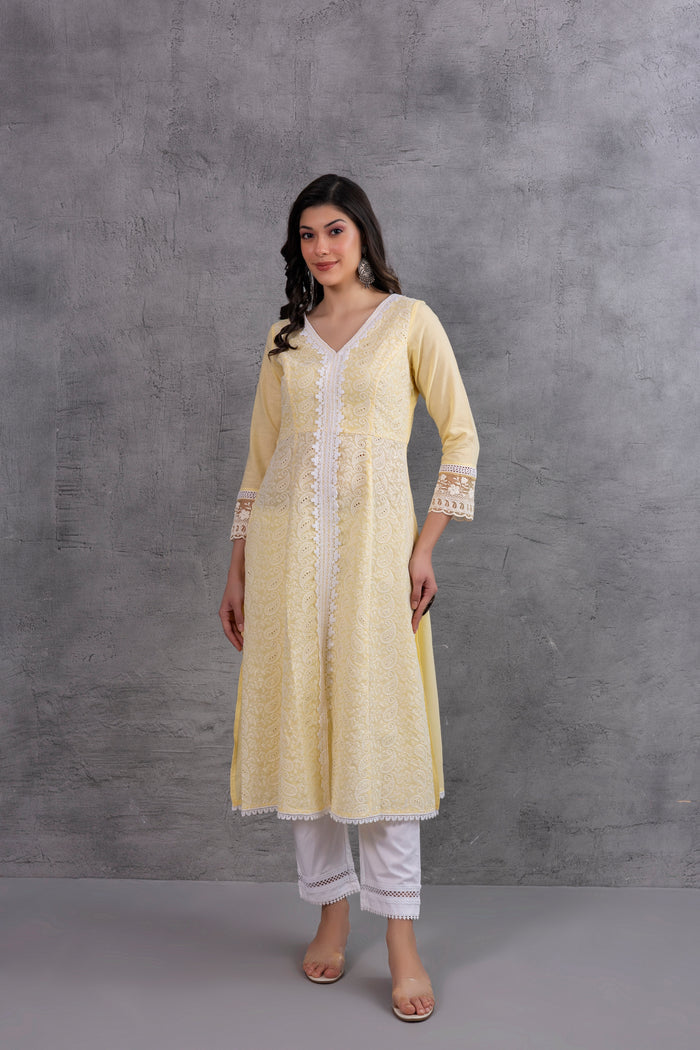 Lemon Lucknowi Chikankari Kurta