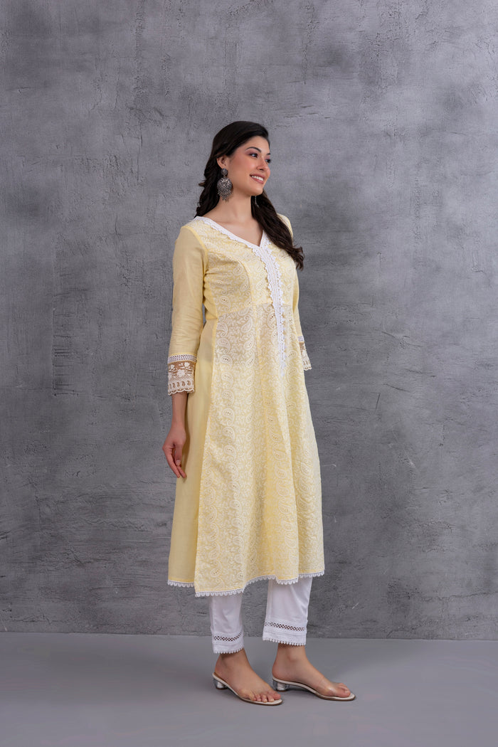 Lemon Lucknowi Chikankari Kurta