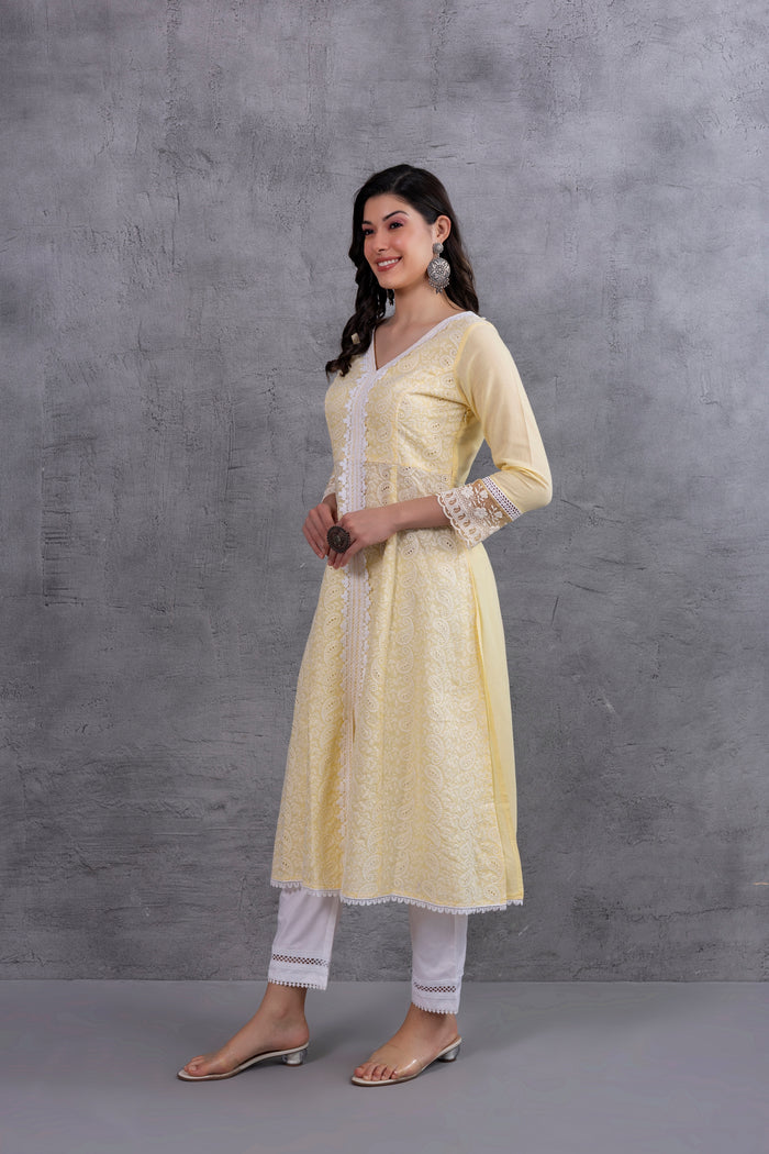 Lemon Lucknowi Chikankari Kurta