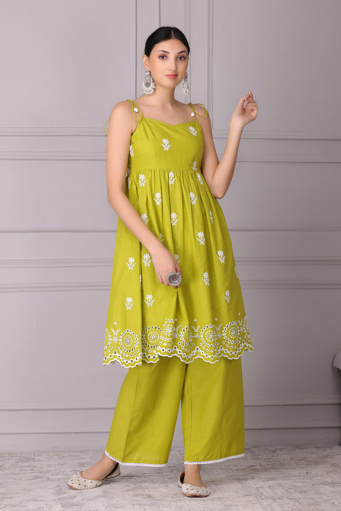 Lime Floral Halter Embroidered Kurta