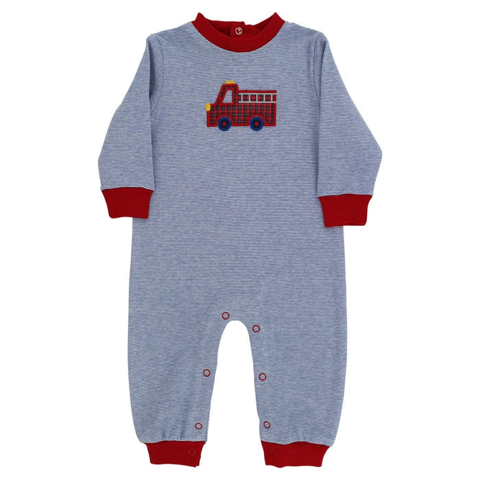 Little Plaid Firetruck - Boys Knit Romper