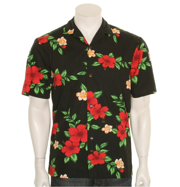 Men's  Hibiscus Plumeria Black Aloha Shirt