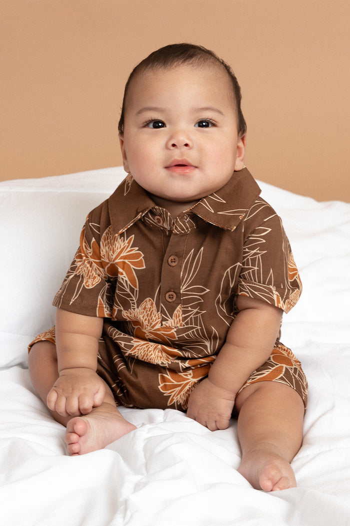 Noah Collared Onesie - Teak Ginger Bloom