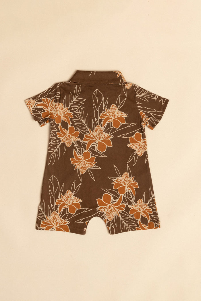 Noah Collared Onesie - Teak Ginger Bloom
