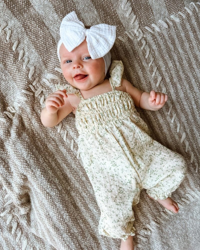 Paisley Smocked Ruffle Jumpsuit - White with Green Leaves product_type - Bailey's Blossoms