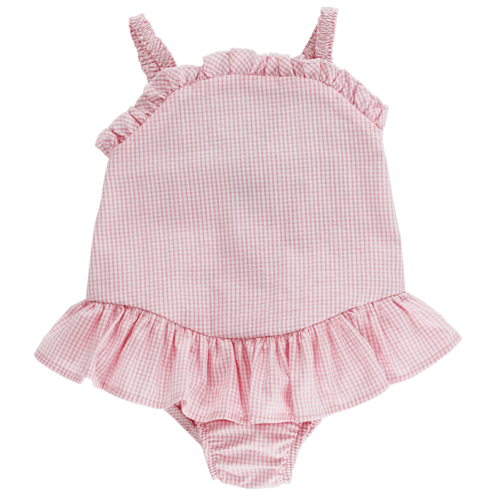 Pink Check Seersucker - One Piece Swimsuit with Ruffle