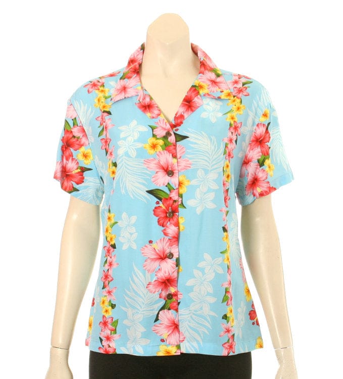 Plumeria Panel Rayon Camp Blouse (Blue)