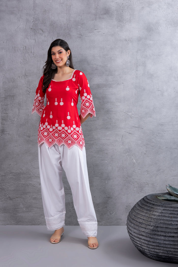 Red Chikankari Embroidered kurta