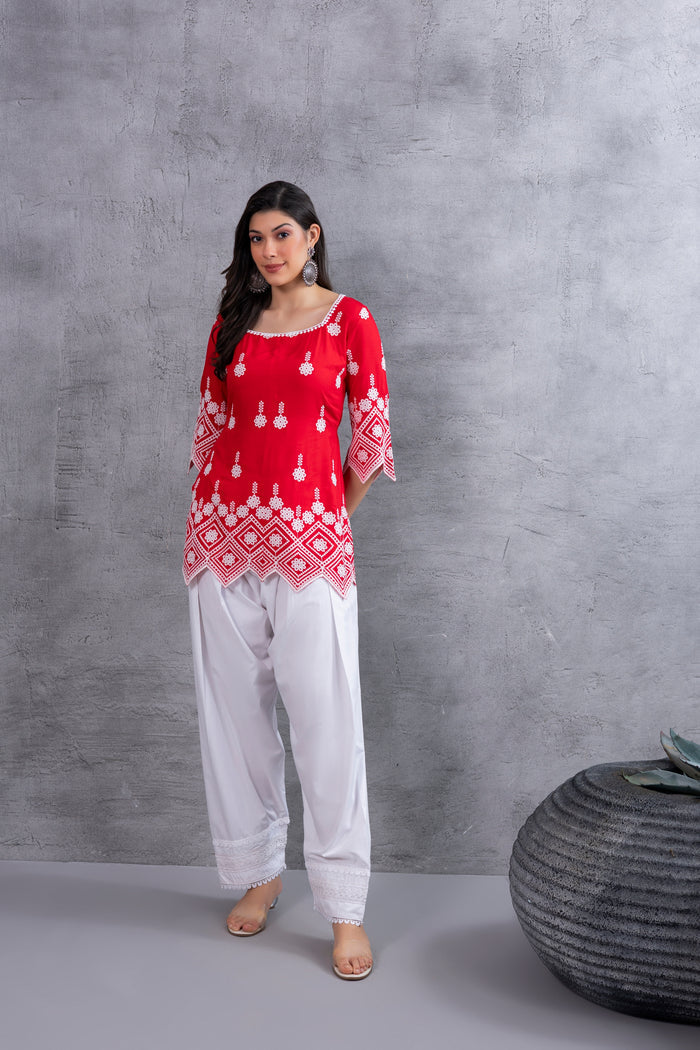 Red Chikankari Embroidered kurta