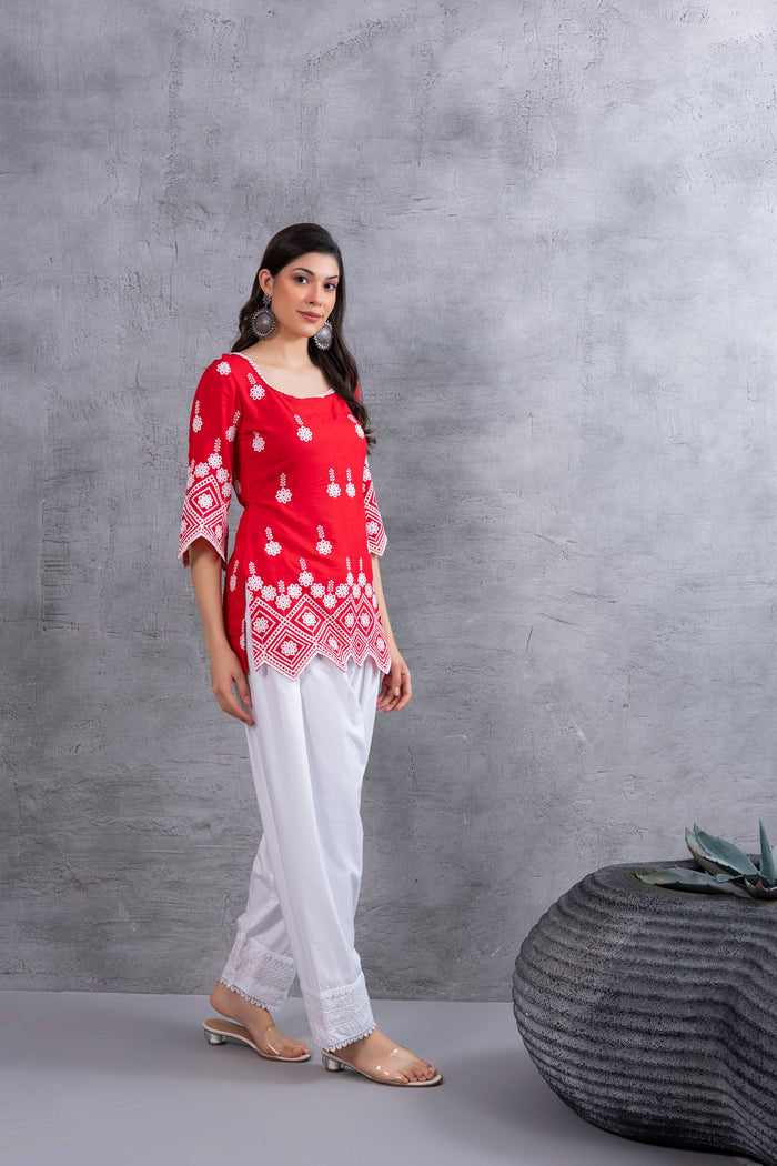 Red Chikankari Embroidered kurta