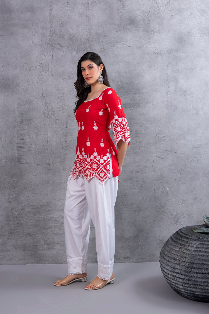 Red Chikankari Embroidered kurta