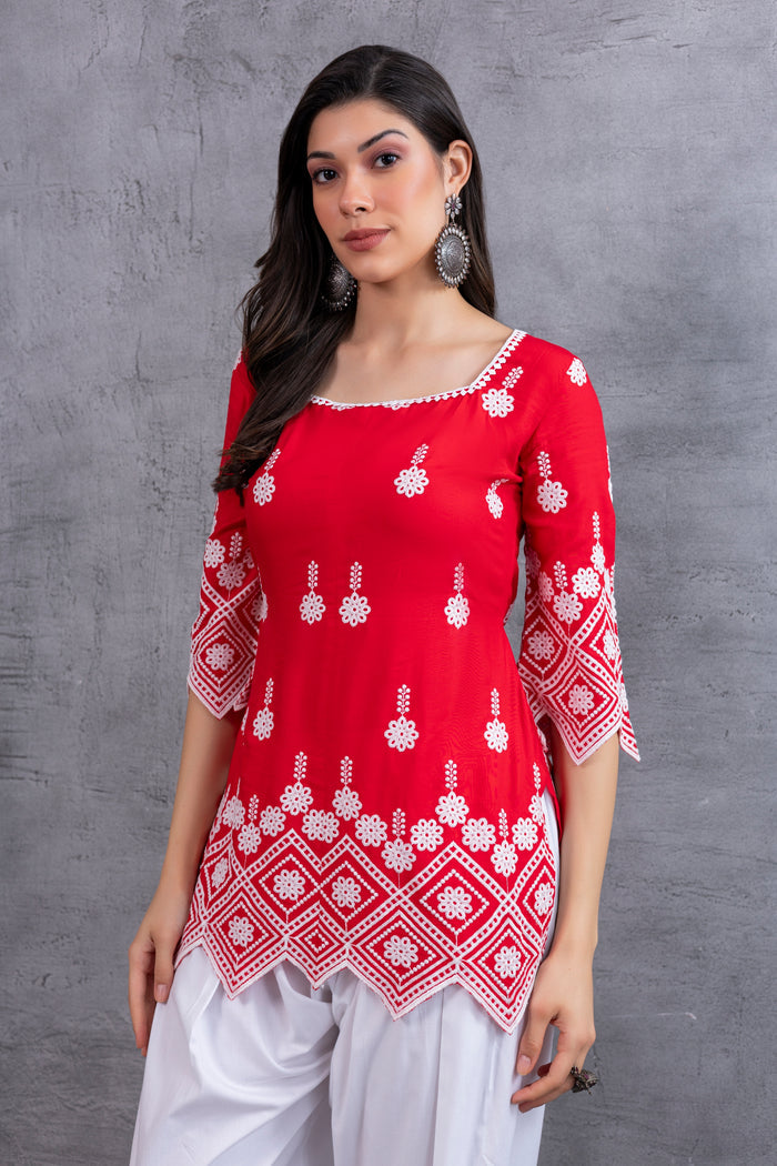 Red Chikankari Embroidered kurta