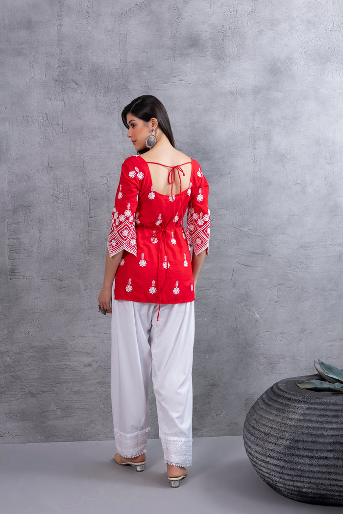 Red Chikankari Embroidered kurta