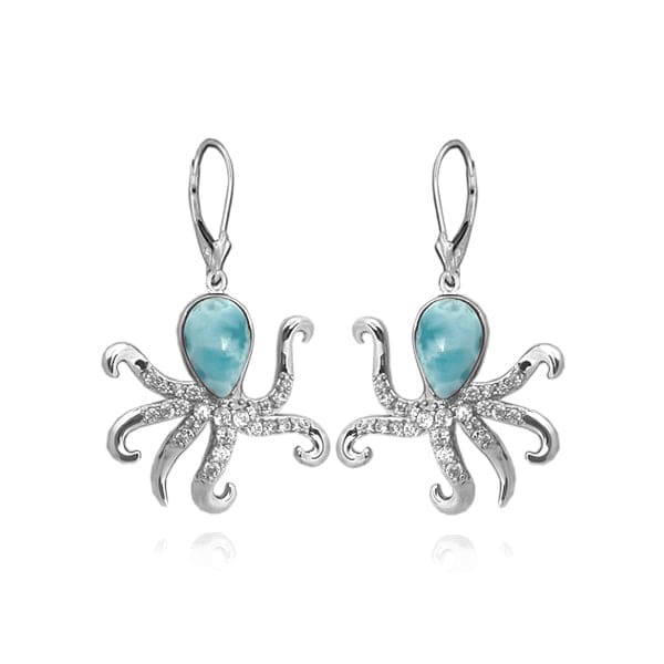 S. Silver and Larimar Octopus CZ Earrings - 1.5 in.