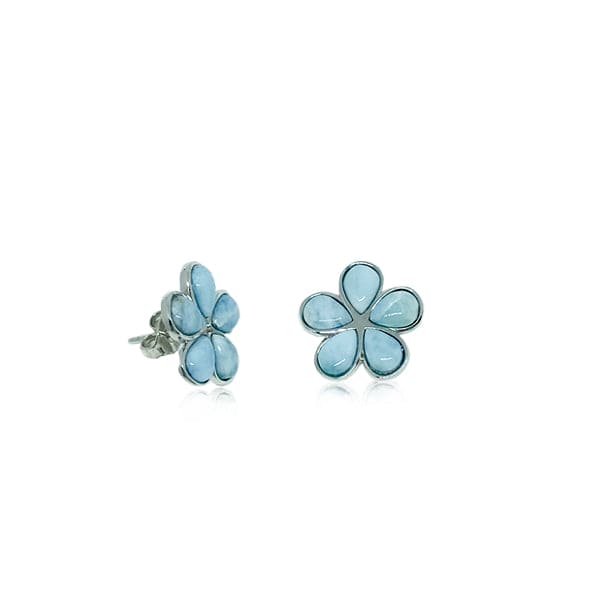 S. Silver and Larimar Plumeria Stud Earrings - 10 mm