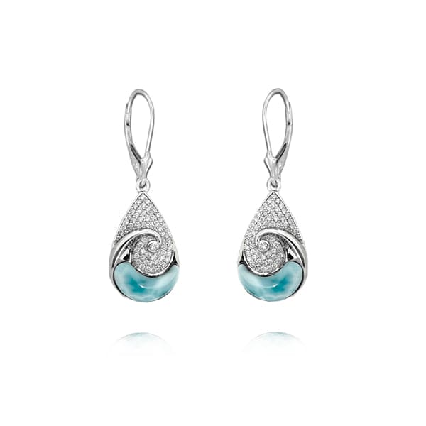 S. Silver and Larimar Teardrop Wave CZ Earrings - 1 1/8 in.