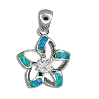 Sterling Silver Hawaiian Cut-in Blue Opal Plumeria Pendant