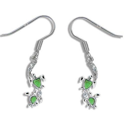 Sterling Silver Hawaiian Green Turquoise Mother & Baby Honu Dangle Earrings