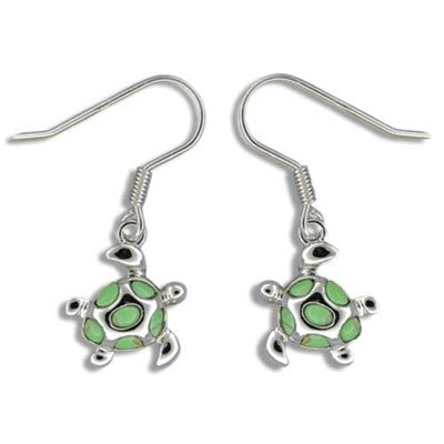 Sterling Silver Hawaiian Green Turquoise Sea Turtle Dangle Earrings