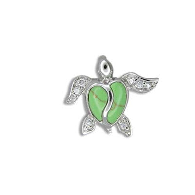 Sterling Silver Hawaiian Green Turquoise Wavy CZ Honu Pendant