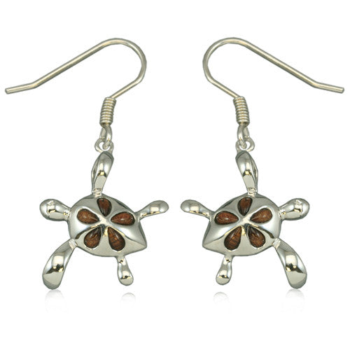 Sterling Silver Hawaiian Koa Wood Plumeria Honu Earrings